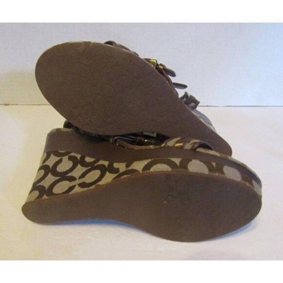 Coach Maralee Wedge Sandals Brown Signature Ankle Strap Heels Canvas Leather 8B - Picture 8 of 9